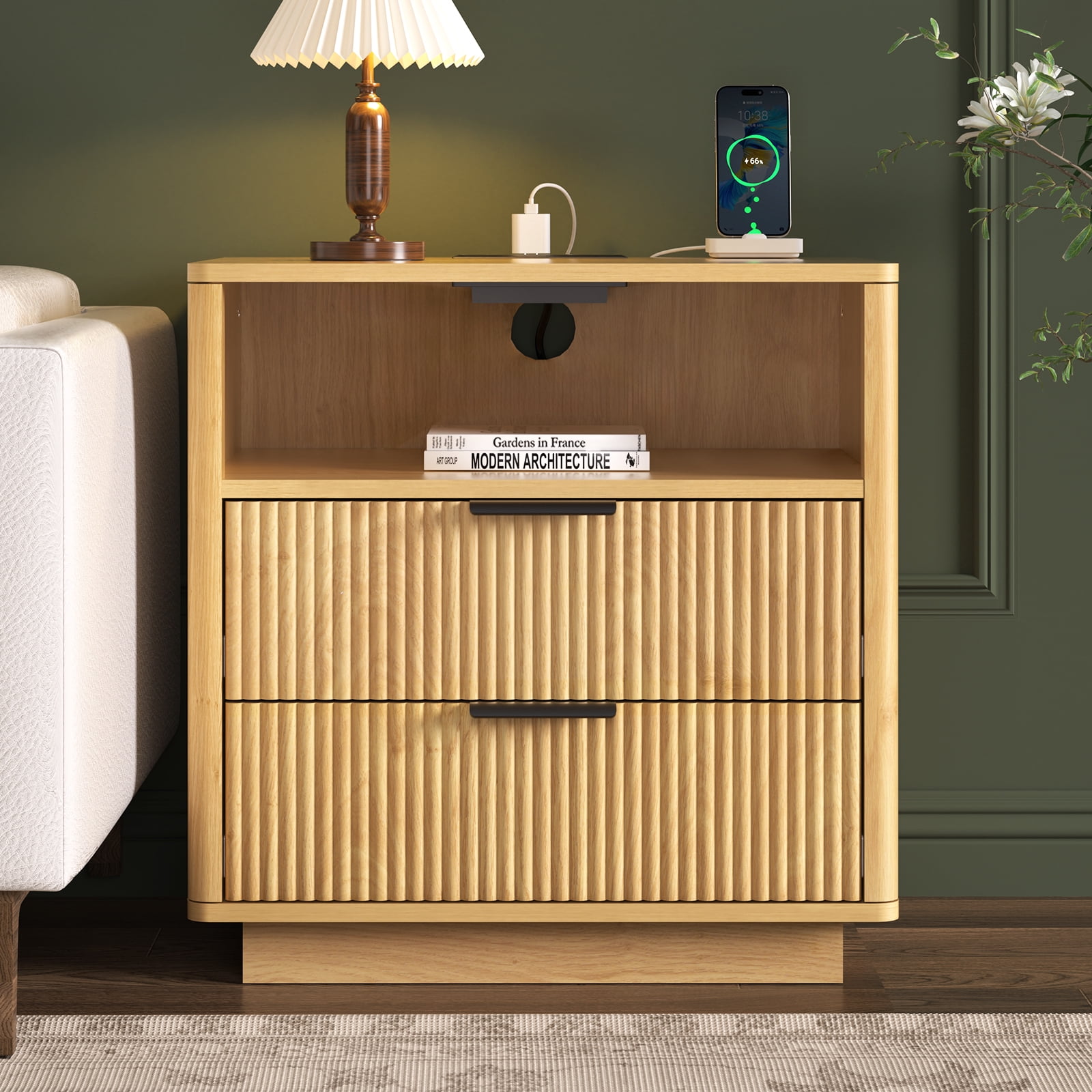 Hommpa Fluted Nightstand, 2 Drawers Bed Side Table with Charging Station, Modern End Side Table for Bedroom Furniture Living Room Sofa, Night Stand with Storage Drawers and Open Shelf