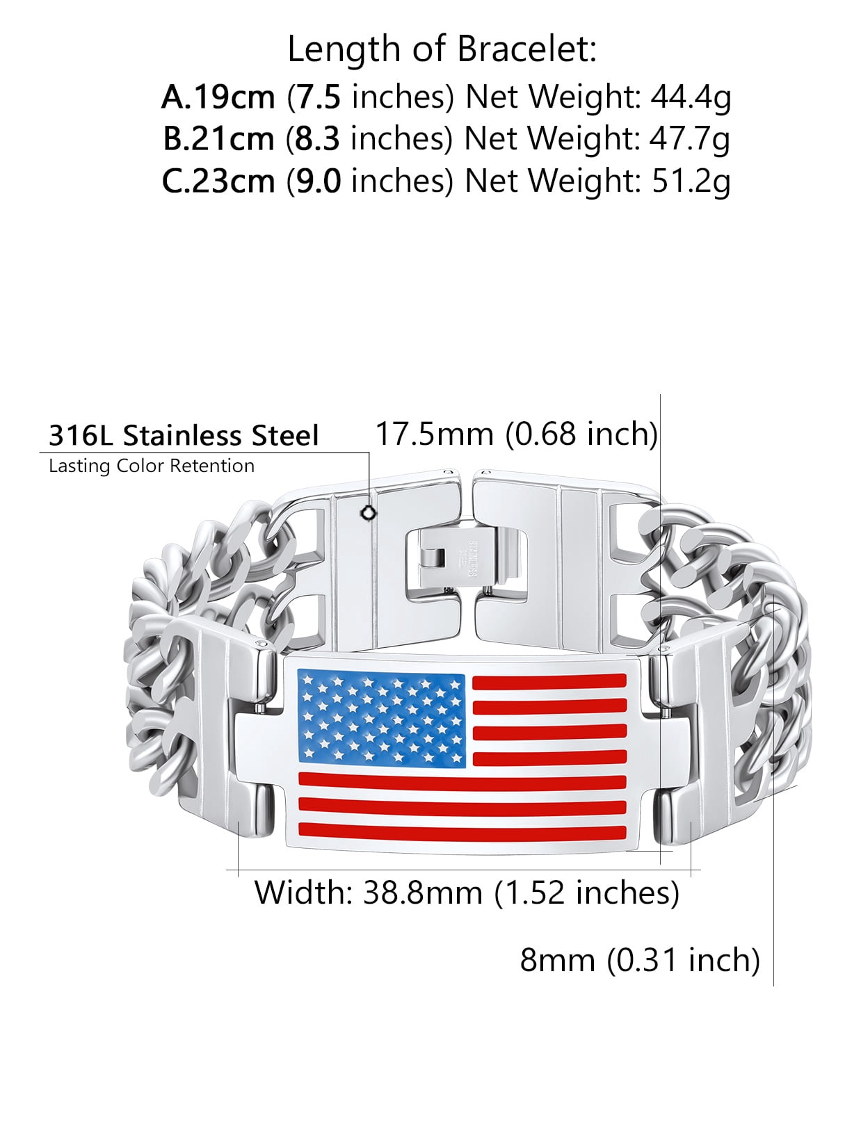 ChainsProMax Men Cuban Link Chain Bracelet, American Flag Bracelet, Stainless Steel Mens Gift