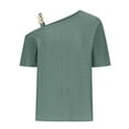 thumbnail image 4 of Women's One Shoulder Mesh Hole Tops Short Sleeve Solid Color T Shirt Summer Casual Tees Green,L, 4 of 5