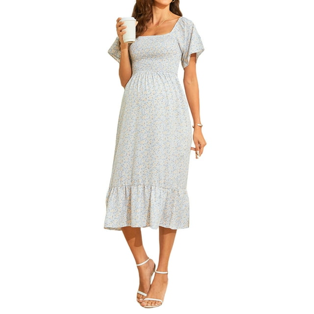 ZAXARRA Robe pour Femme Enceinte, Robe en Mousseline à Imprimé Floral à Encolure Carrée et Manches Courtes