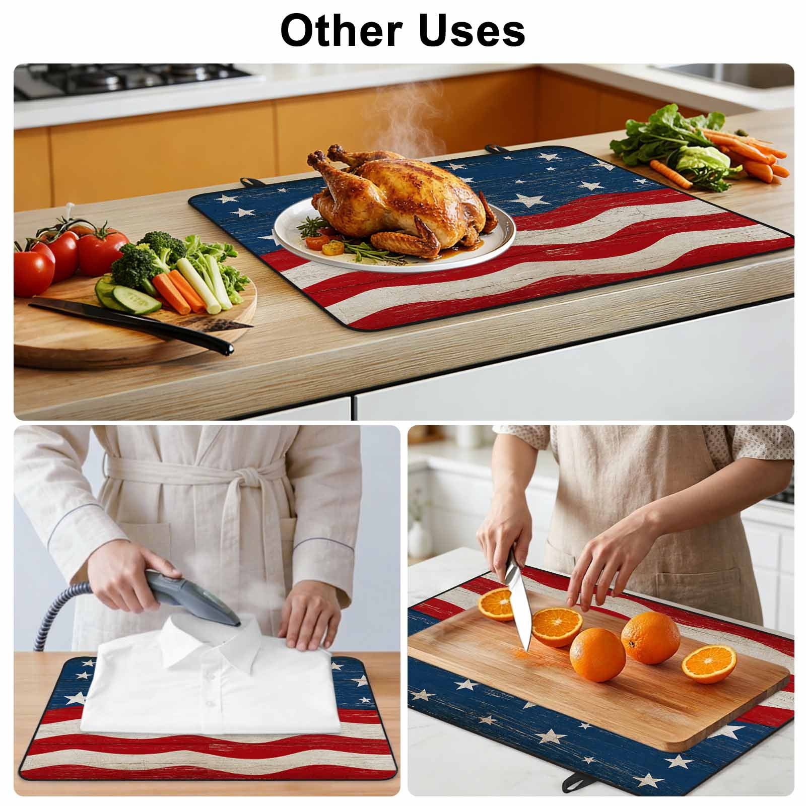 4th of July Stove Top Cover for Electric Stove, Heat-proof & Non Slip Glass Top Stove Cover Protector, American Flag Star on Wood Independence Day Kitchen Flat Cooktop Rubber Mat 24x21 Inches