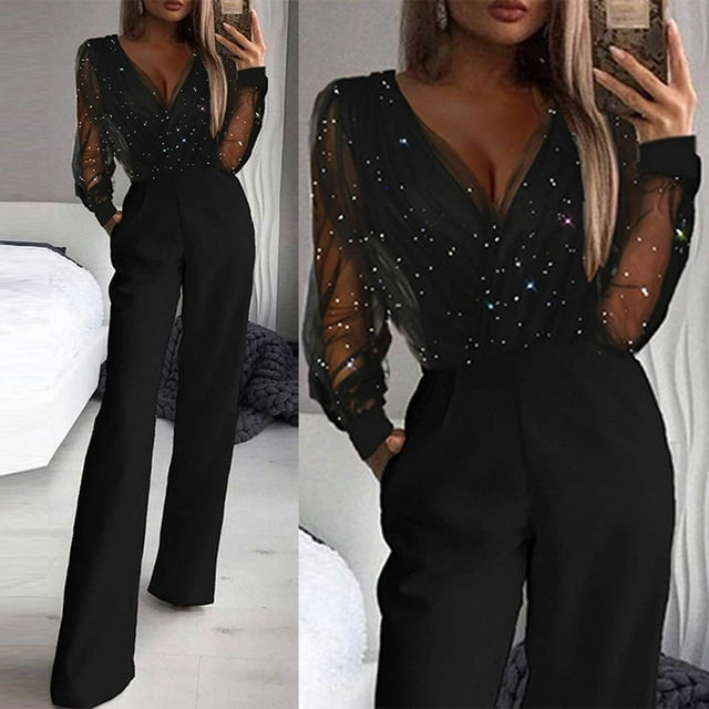 HIMIWAY Women V Neck Long Sleeve Party Jumpsuit Slim Bodycons Bifurcated JumpsuitPopular