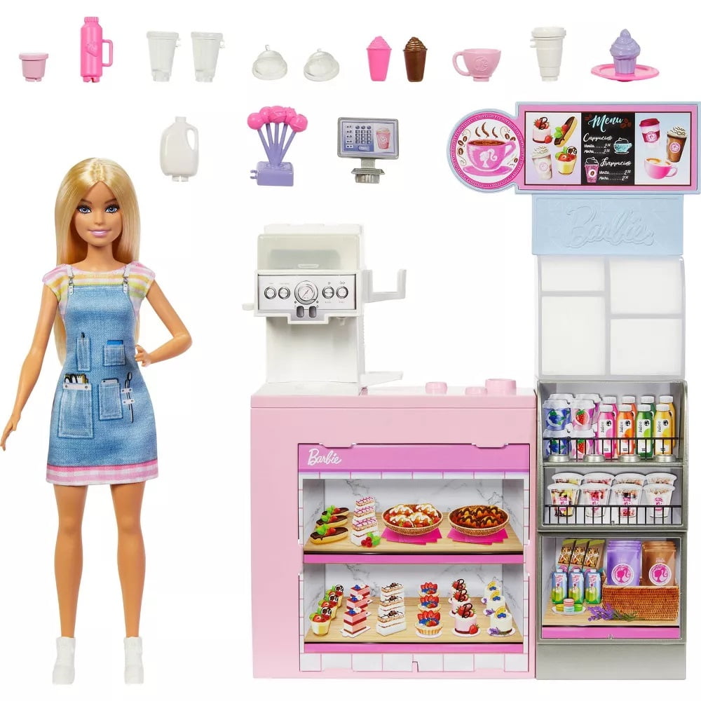Barbie Coffee Break Set with Barista Blonde Doll and More than 12 Accessories, Including Coffee Machine/Smoothie, Food, Cups and Much More, HXN94
