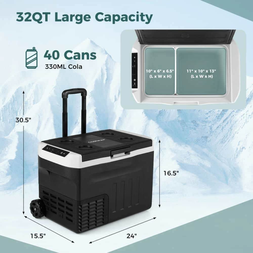 Demifill 12V Car Refrigerator 32QT with Touch Panel and Removable Divider-M, Camping Cooler for Outdoor as Garden, Backyard, Porch, Black
