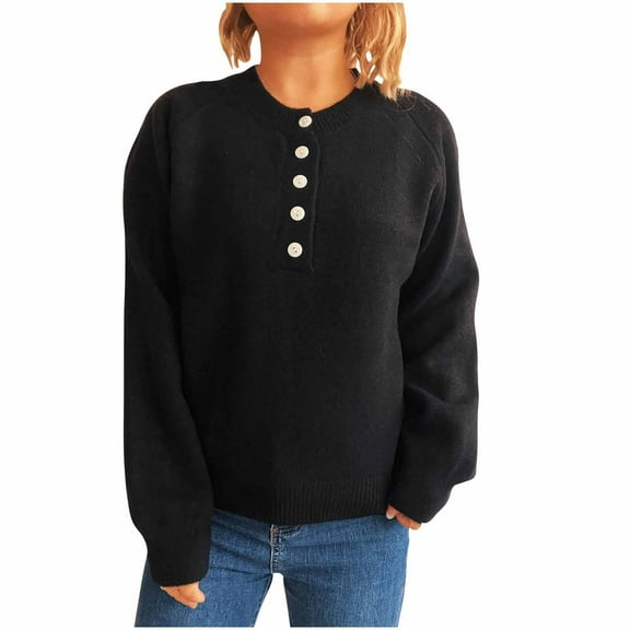 CENGNIAN Women's Casual Henley Button Sweaters,Long Sleeve Knit Pullovers,Oversized Fall Crewneck Tops,Black,Size S