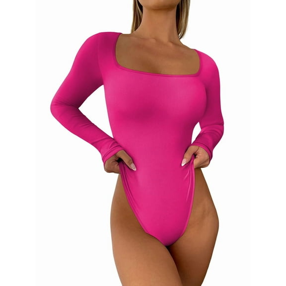 Women'S Bodysuits Sexy- Ribbed One- Piece Square Neck Long Sleeve Tops Rose Red M