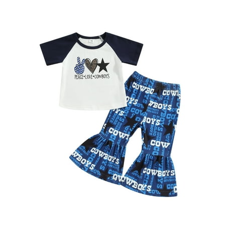 

Vigorbear 2Pcs Kids Baby Girls Clothes Set Summer Letter Heart Star Finger Print Short Sleeve T-Shirts and Flare Pants
