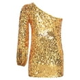 thumbnail image 4 of inhzoy Kids Girls One Shoulder Long Sleeve Sparkle Sequin Mini Dress Dance Prom Gown Party Dress Gold 14, 4 of 7