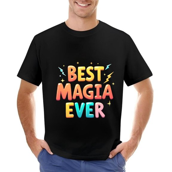 Colorful ' BEST MAGIA ' Cotton Short Sleeve T-Shirt for Men - Fun Playful Design with Stars & Lightning Bolts