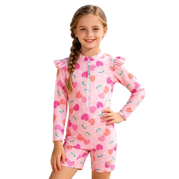 JAJAHO Girls Rash Guard UPF 50 Swimsuit Long Sleeve One Piece Bathing Suit Heart Printed Zipper Front Boyleg Swimwear For Kids Toddlers 1-7Y