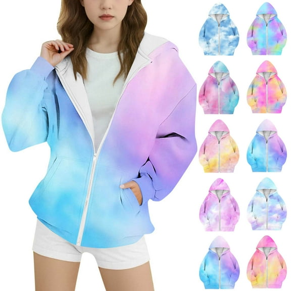 THDHVS Sweatshirts for Teen Girls,Kids Hoodie,Unisex Kids Dyeing Sweatshirt Boys Girls Zip-up Hooded Kangaroo Pocket Pullover Hoodies Blue 12-13 Years