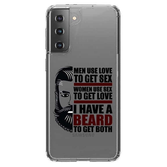 DistinctInk Clear Shockproof Hybrid Case for Galaxy S21 5G (6.2" Screen) - TPU Bumper Acrylic Back Tempered Glass Screen Protector - I have a Beard to Get Love & Sex