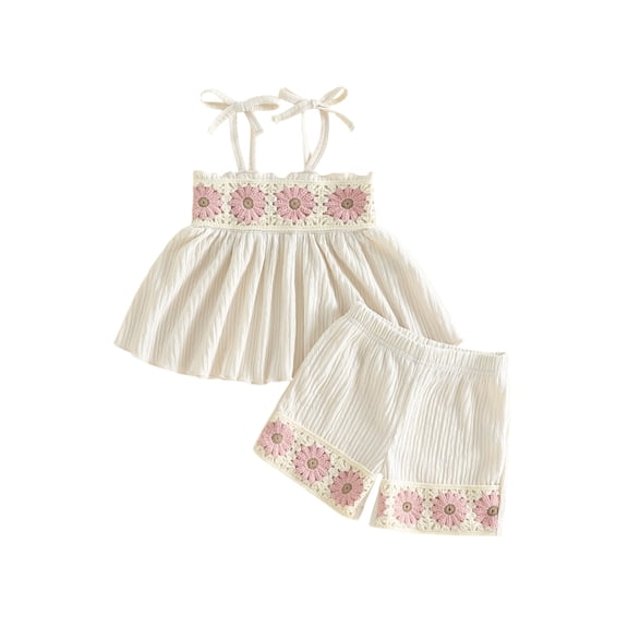 BemeyourBBs Boho Toddler Baby Girl Summer Clothes Little Baby Girl Beach Outfits Cute Crochet Flower Sleeveless Spaghetti Strap Tank Vest Tops and Shorts Sets