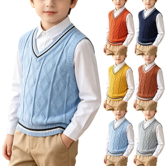 SGFCWSX Boys Sweater Vest, V-Neck Diamond Cable Knit Sleeveless Knitwear with Striped Trim for Back-to-School Casual Light Blue Size 6
