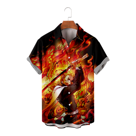 

MLFU Demon Slayer Adult Kids Button Up Shirts Short Sleeve Tropical Chest Pocket Tees Funky Polo Shirts Plus Size Men