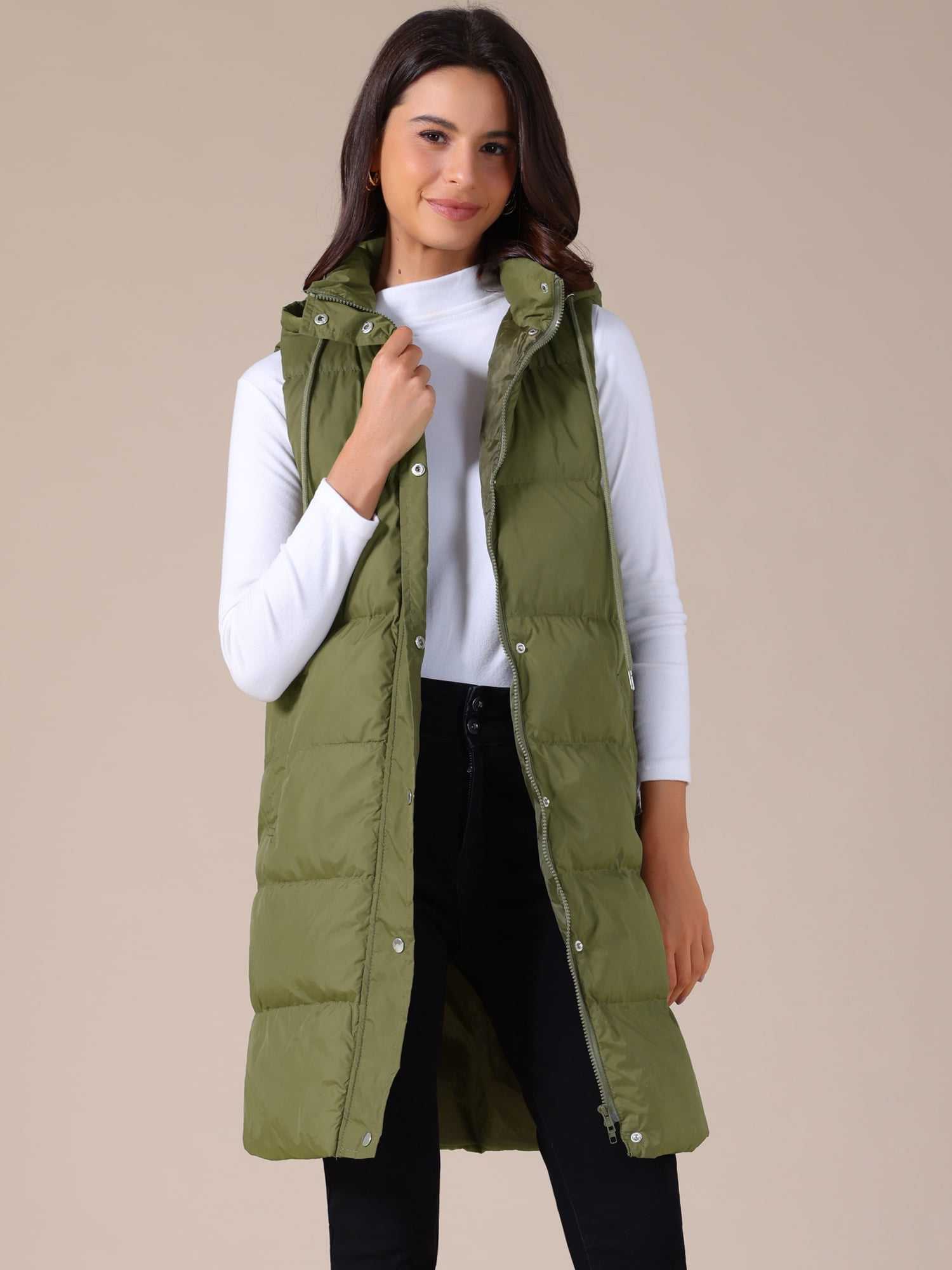 DARING DIVA Women's Long Puffer Vest Casual Sleeveless Hooded Down Jacket S Green