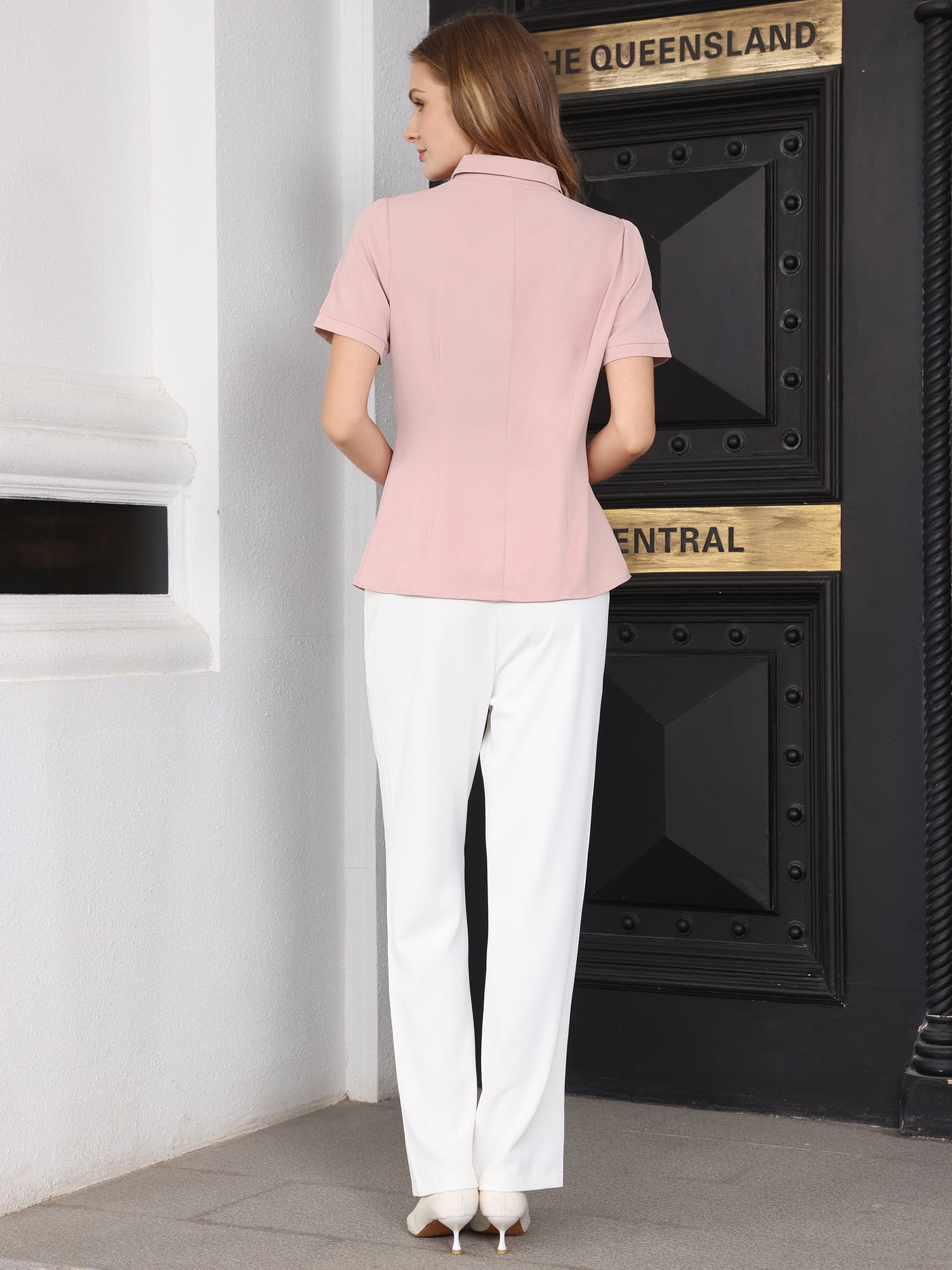 DARING DIVA Women's Button Down Short Sleeve 2026 Summer Pleated Front Blouse L Pink
