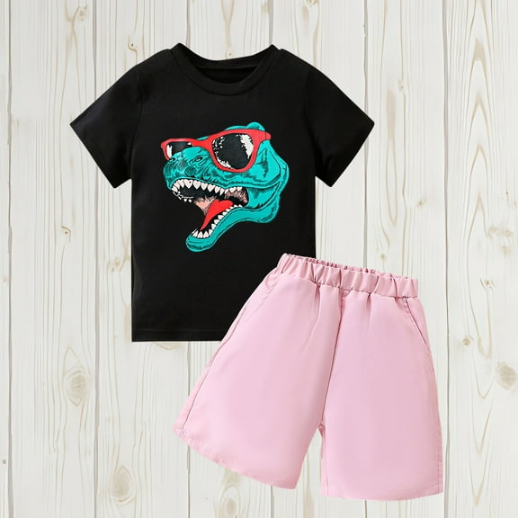 DAETIROS Boys Outfit Sets-Casual Cotton Dino Fashion Short Sleeve Top and Shorts Boys Summer Clothes Set Pink Size 2-8