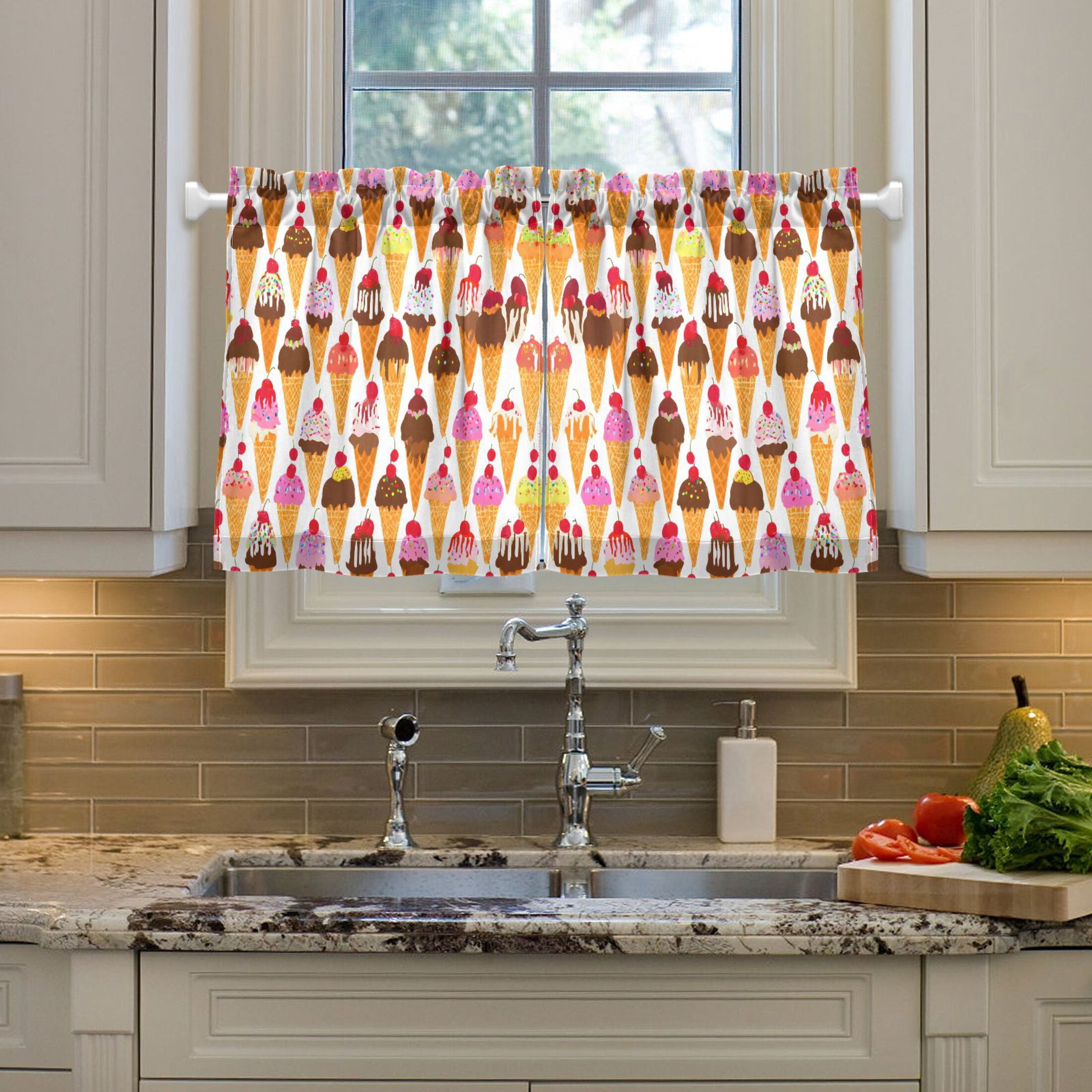 Linen Kitchen Curtains Colorful Ice Cream Cones Tier Curtains Tier Kitchen Living Room Bedroom Balcony 2 Panels 27x36 Inch