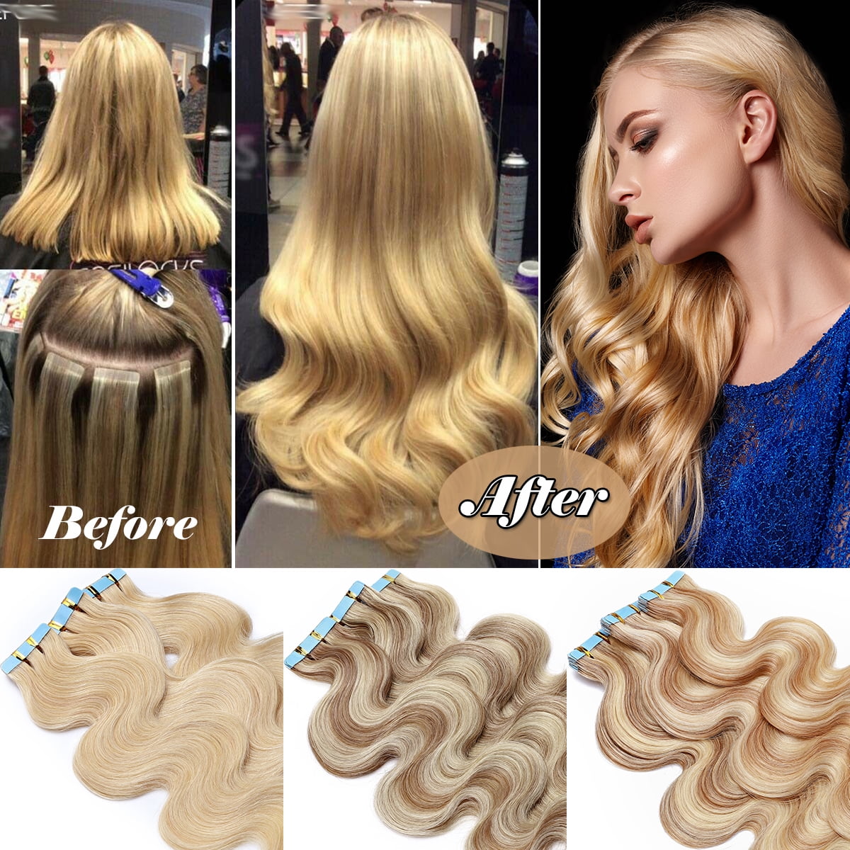SEGO Curly Tape in Hair Extensions 100% Real Remy Human Hair Long Silky Thick Hair Gold Hair Acessories Black/Blonde/Gray/White Hair