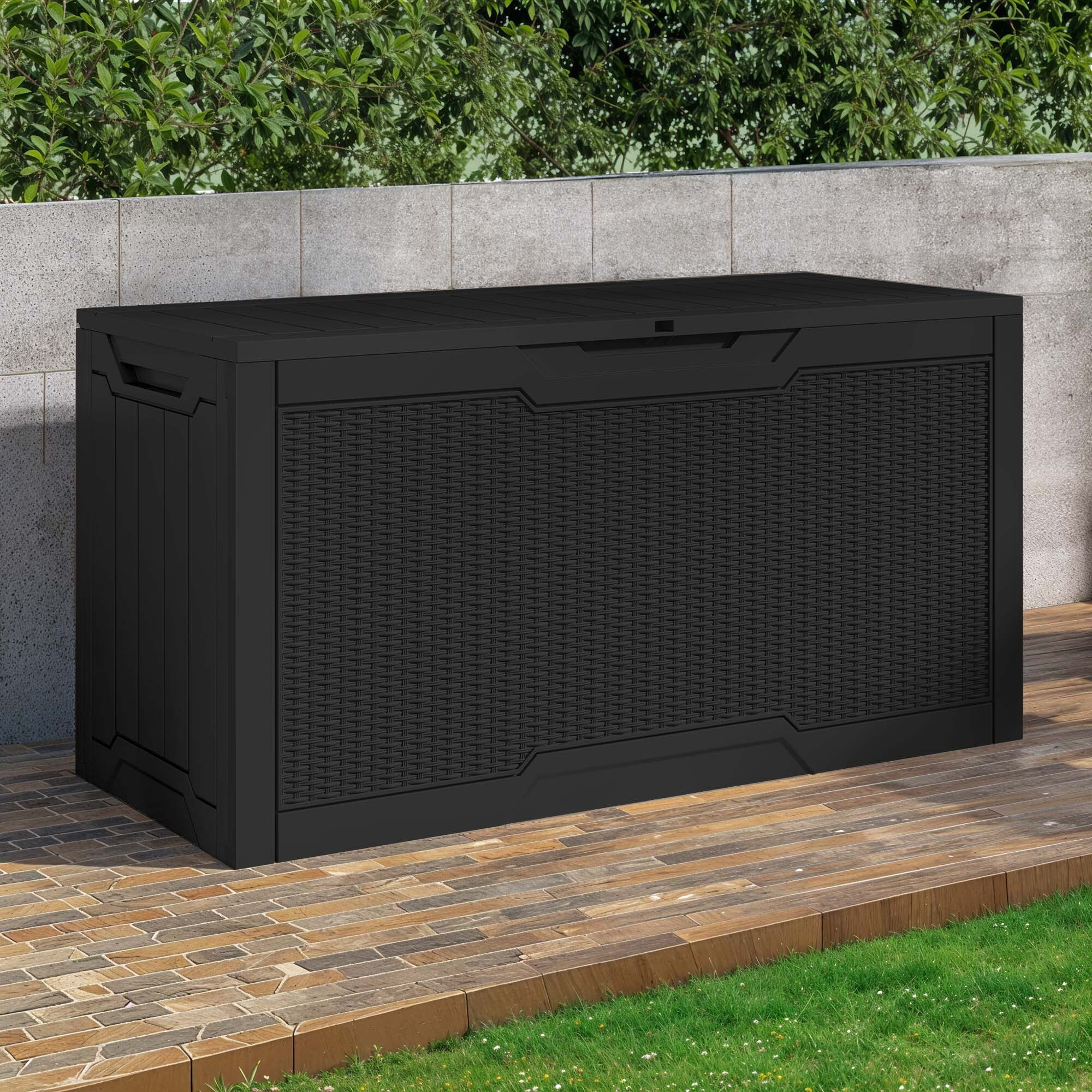 Uforic 80 Gallon Rattan Resin Deck Box, Weather Resistant Lockable Outdoor Storage Bin for Patio, Garden & Backyard Essentials, Black