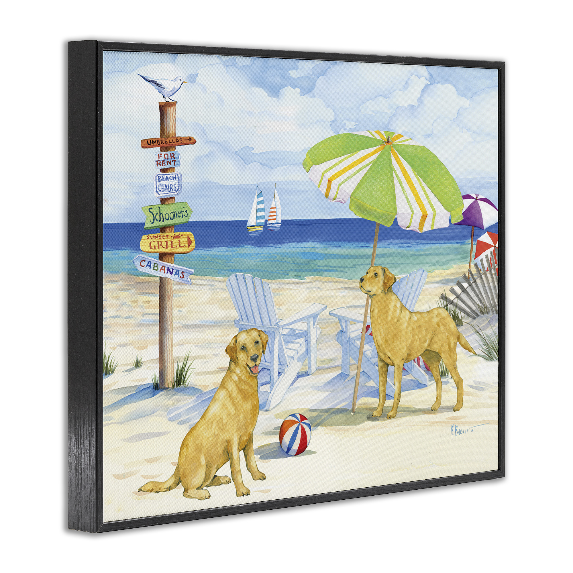 Stupell Industries Retriever Dogs at Beach Animals & Insects Painting Black Framed Art Print Wall Art, 20 x 16