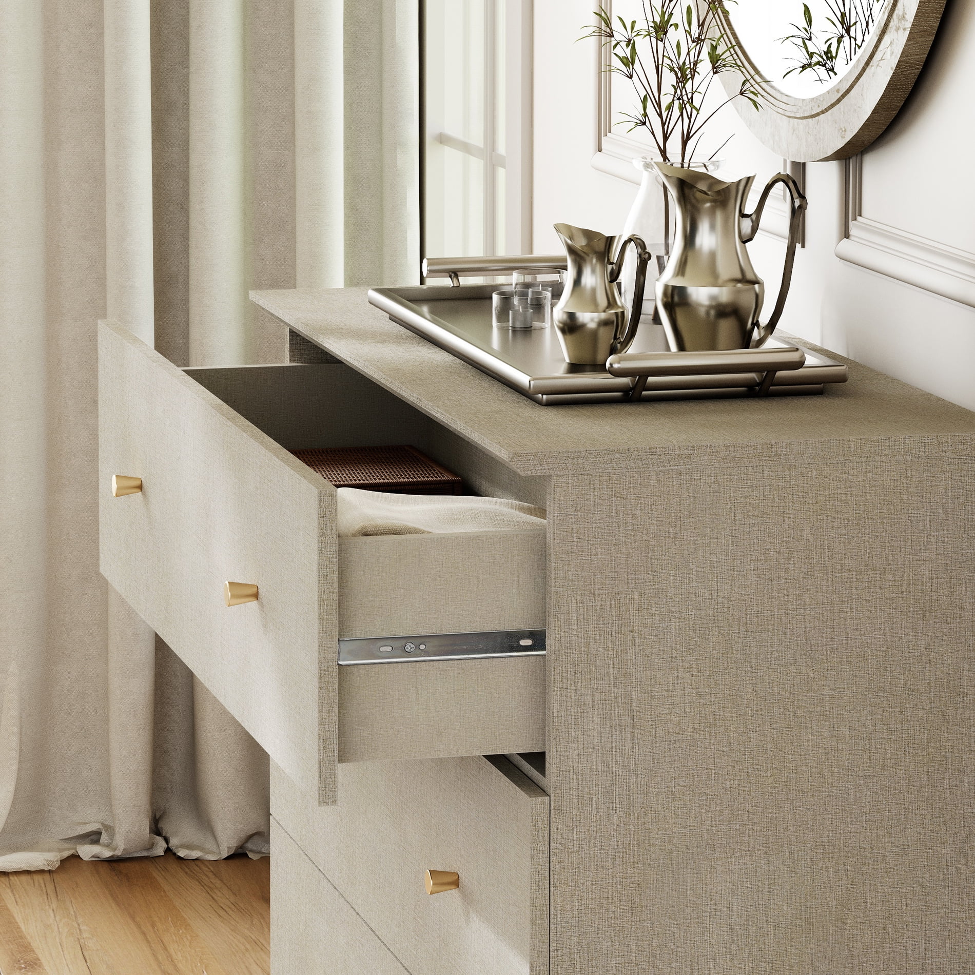WAMPAT 12 Drawers Modern Wood Dresser for Bedroom, Modern Chest of Drawer, 118" Wide, Beige Linen Printed Finish