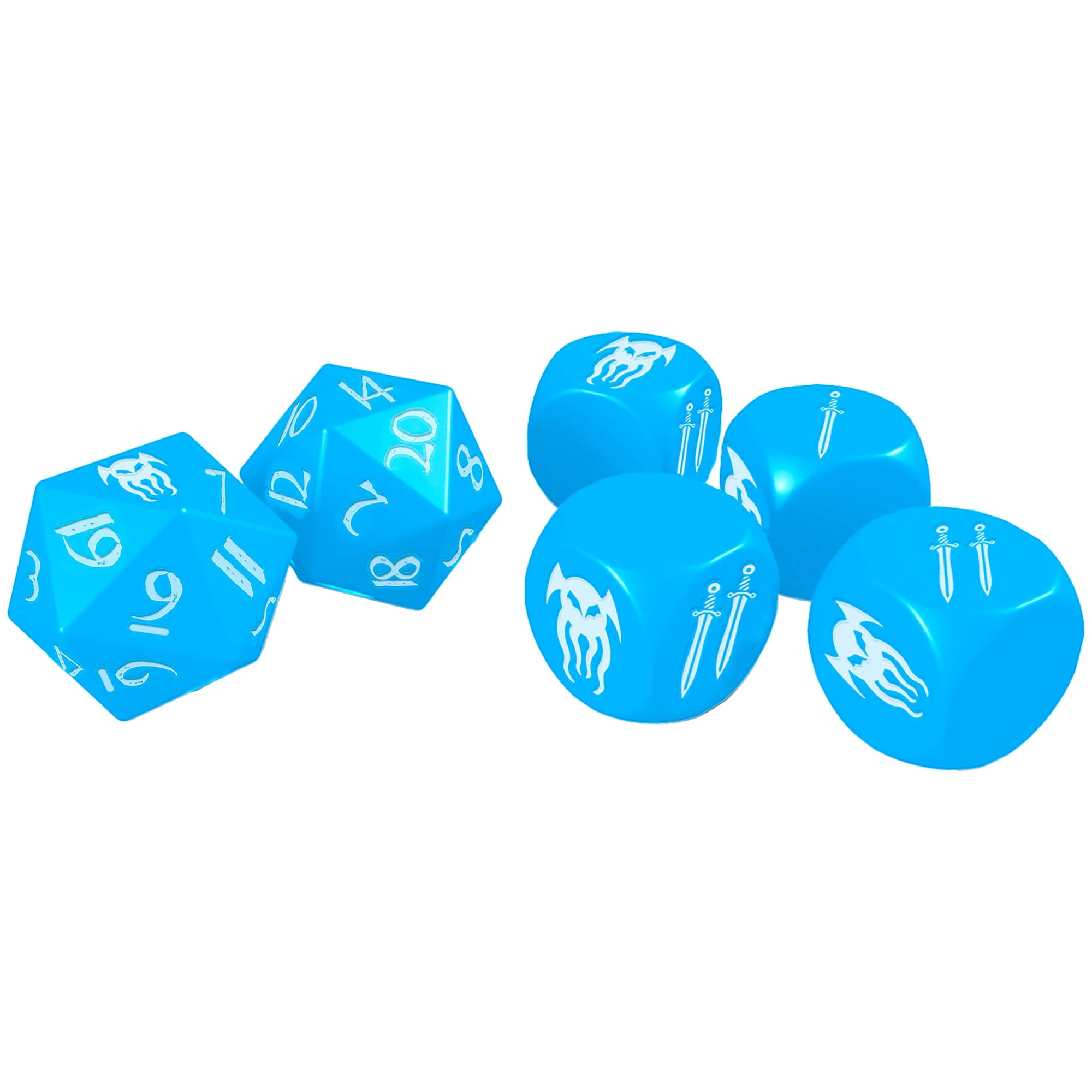 Modiphius Entertainment: Cohors Cthulhu RPG: Atlantean Crystal Dice Pack - 6 Piece Set, Blue & White, 2x d20, 4x d6, Hidden War Emblems, Accessory