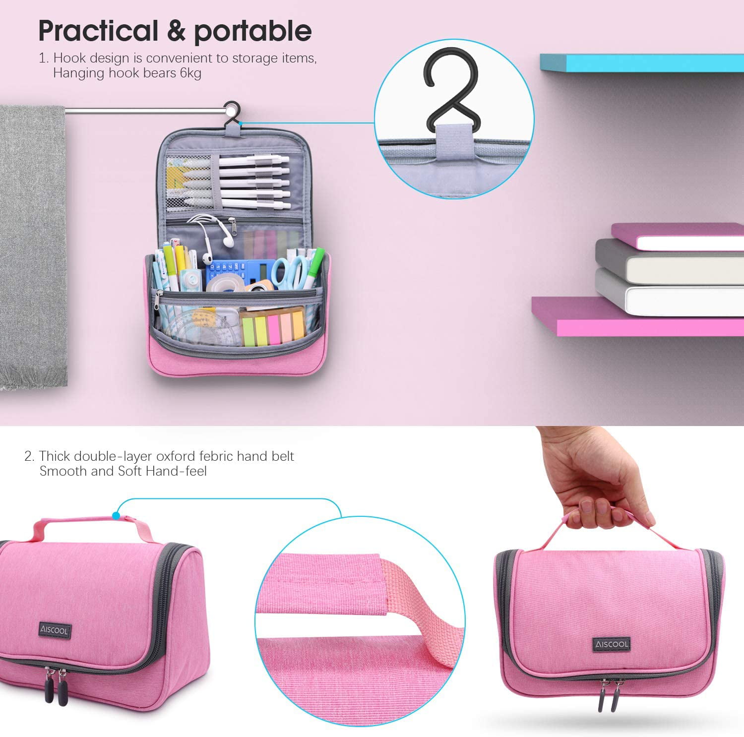 Pink Aiscool Big Capacity Pen Pencil Case Holder Bag Pen Organizer Pouch Stationery Box Oxford Cloth Dry-wet Separation Portable Travel Hanging Bag Toiletry Bag for School Home Office 