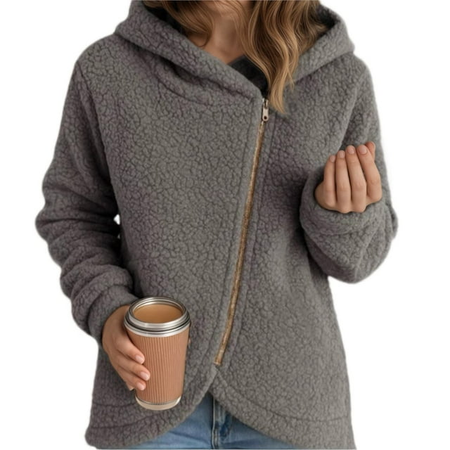 Chaquetas con Capucha y Cremallera para Mujer, Informales, Holgadas, de Forro Peludo y A , con Cremallera y Abrigos Gris XL
