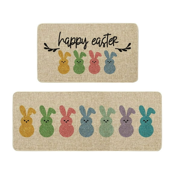 2 Pcs Easter Kitchen Rugs and Mats for Floor Non-Slip Backing Easter Eggs Bunny Mat Easter Outdoor Decorations Anti Fatigue Kitchen Rug Sets with Runner(16" x 24"+24" x 43", Easter)