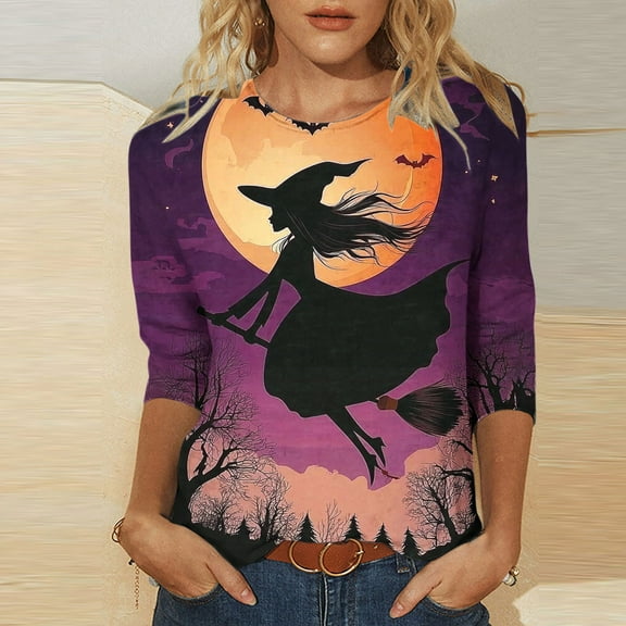VKOYWKM Halloween Shirt for Women 3/4 Sleeve Funny Witch Graphic Tees Fall Crew Neck Loose Fit Party Halloween T-Shirts Shirts