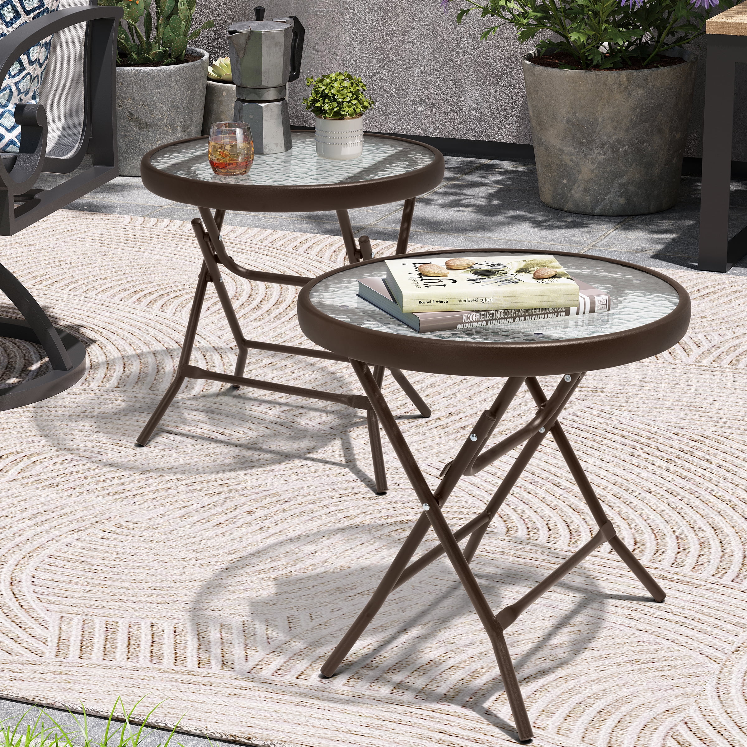 Crestlive Products Foldable Patio Side Table with Tempered Glass Top 18" Small Glass Patio End Tables (Brown，2PCS)