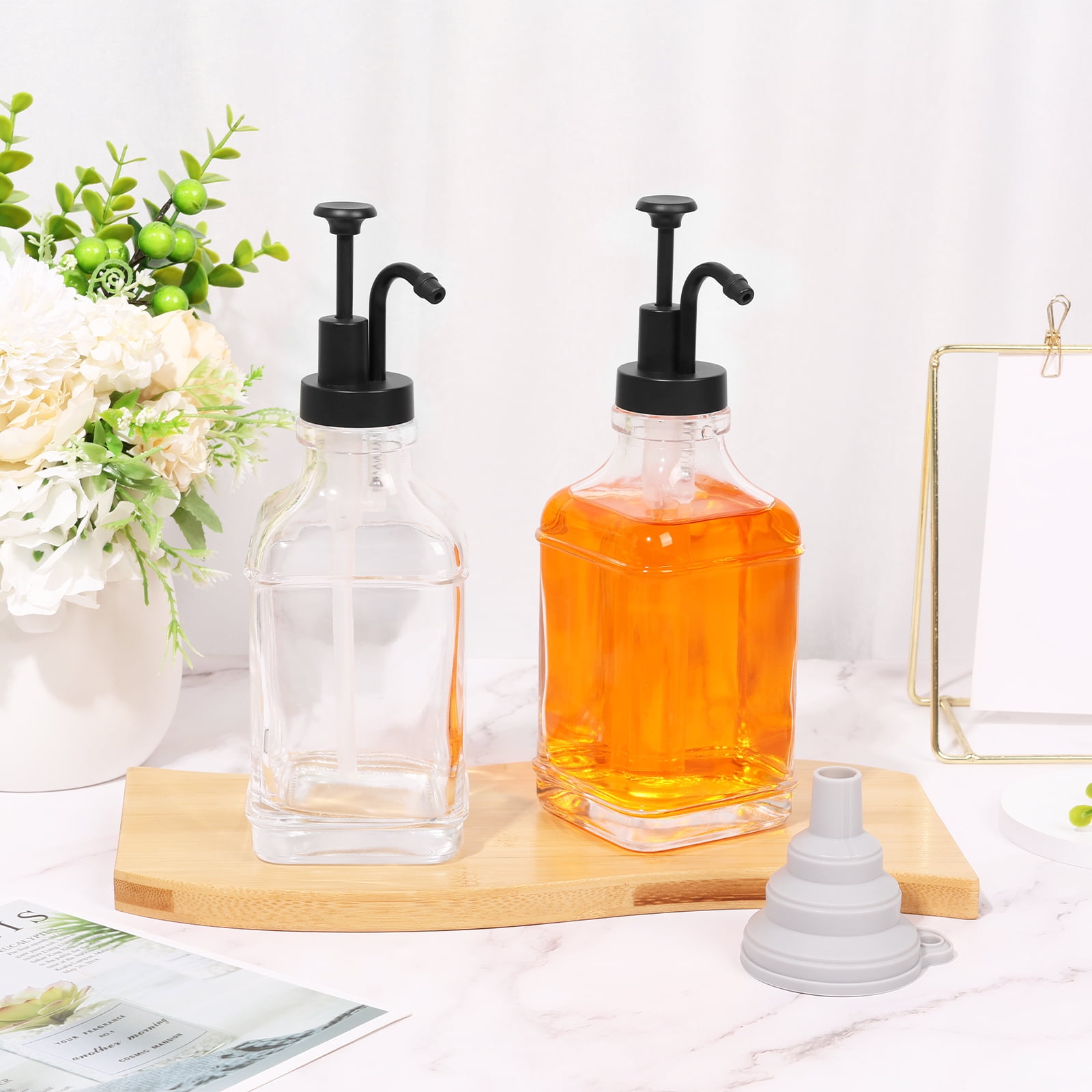 Coffee Syrup Dispenser Set with Silicone Funnel 500ml Glass Syrup Bottle with Label Stickers Clear Coffee Syrup Container Portable Coffee Pump Dispenser Syrup Pump Dispenser for Bar