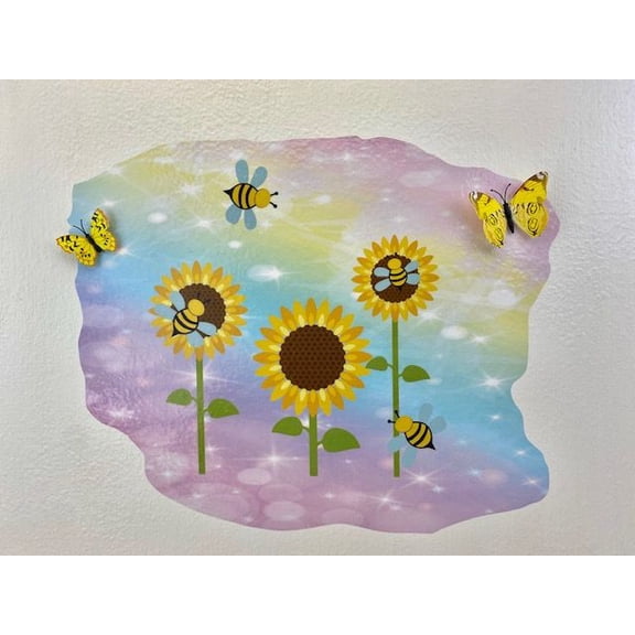 3D Bedroom Wall Decal Sticker For Girls Custom Designs With 3D Butterfly Cute Bees On Sunflower Field With 3D Butterflies - Easily Applied And Removable - Size: 30 In X 24 In