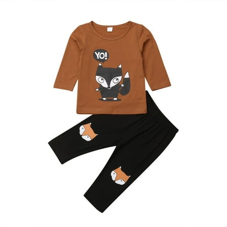 

Hopiumy Toddler Girl Boy Fox Print Long Sleeve Top T-shirt+Pant Casual Cotton Sets