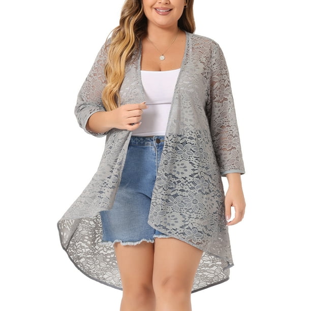 Cardigans de encaje floral de manga 3/4 para mujer de talla grande Agnes Orinda, 3X, gris
