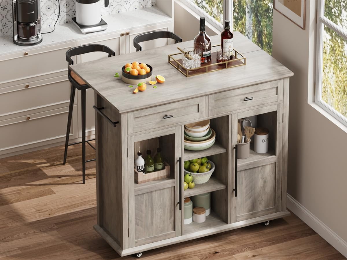 Rolling Kitchen Island Cart with Storage, Foldable Drop Leaf Top, 2 Glass-Door Cabinets, 2 Large Drawers, Spice Rack & Towel Bar, Mobile Kitchen Cart on Lockable Wheels, Black