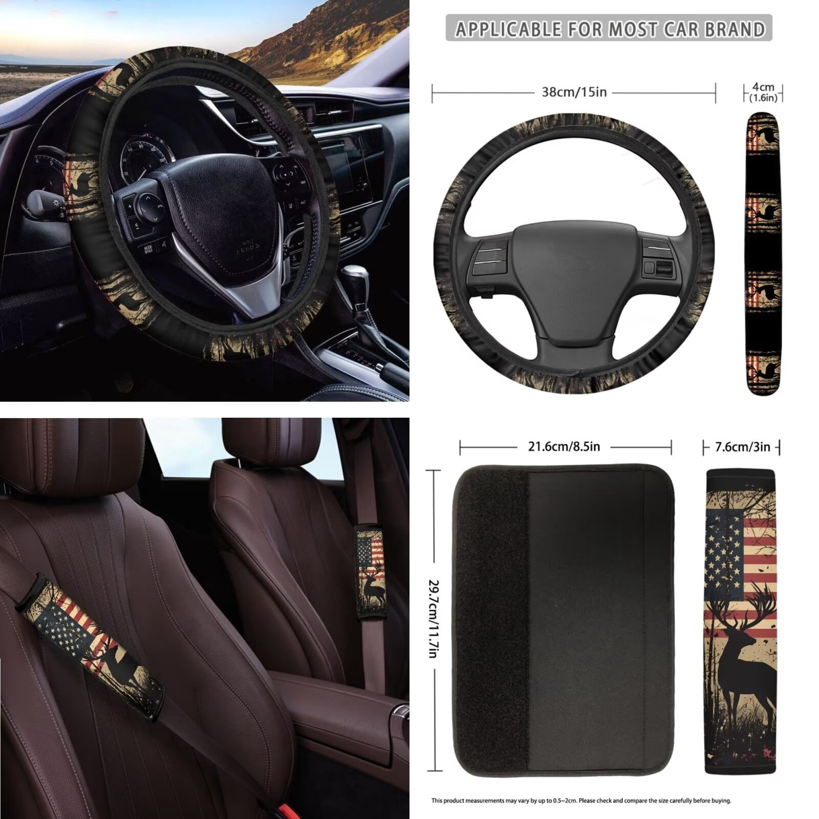 Garronmavis American Flag Deer 16 Pcs Car Accessories Set Car Seat Belt Pads Cover Keychain Gear Shifting Knob Cover Cup Mats Front Window Sunshade Rearview Mirror Cover Decorative Accessories
