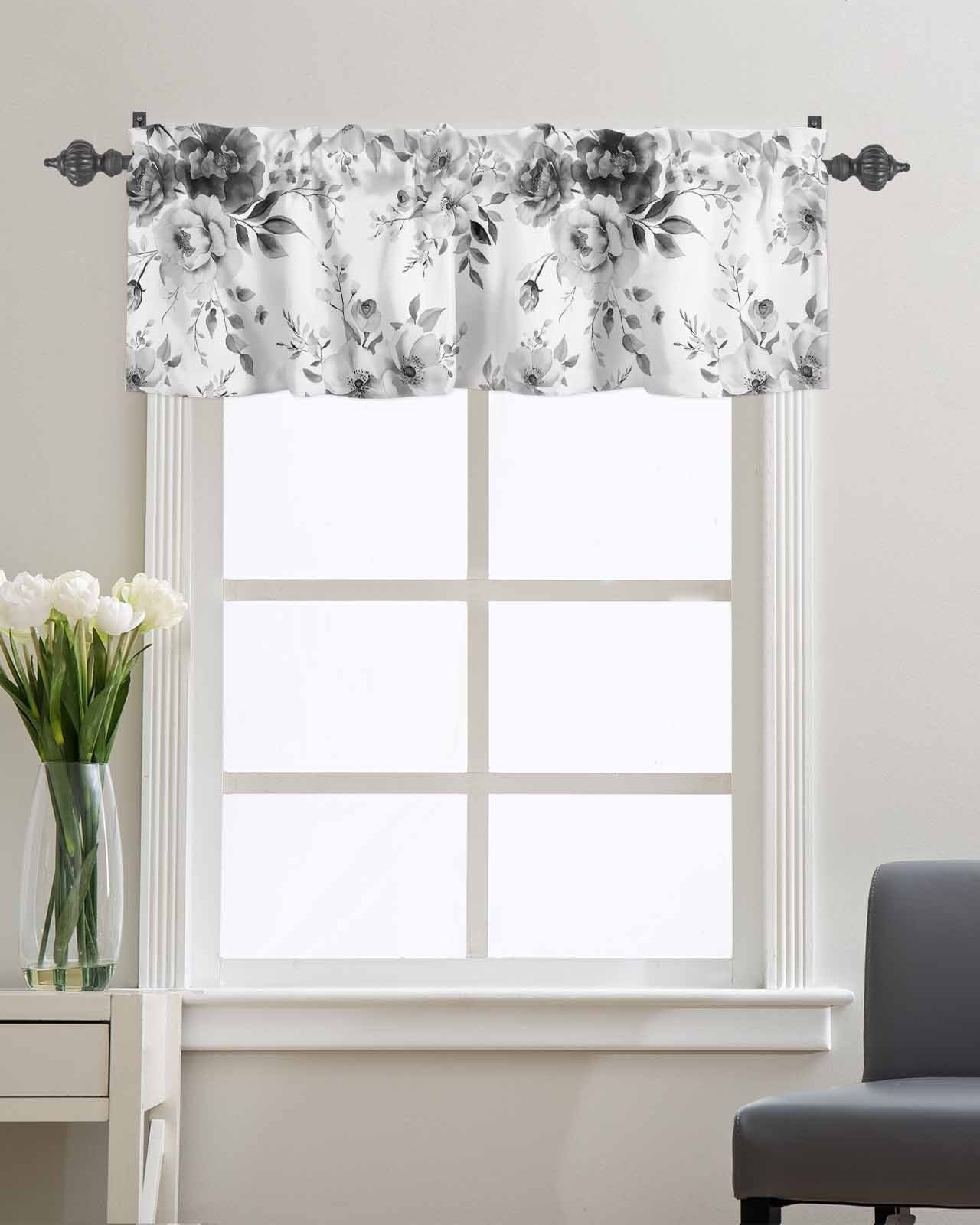 Spring Blossom Grey Flower Curtain Valances for Kitchen Windows,Rod Pocket Short Valance Retro Watercolor Floral Plant Window Treatment for Living Room Bathroom Bedroom,54" x 18"-1 Panel