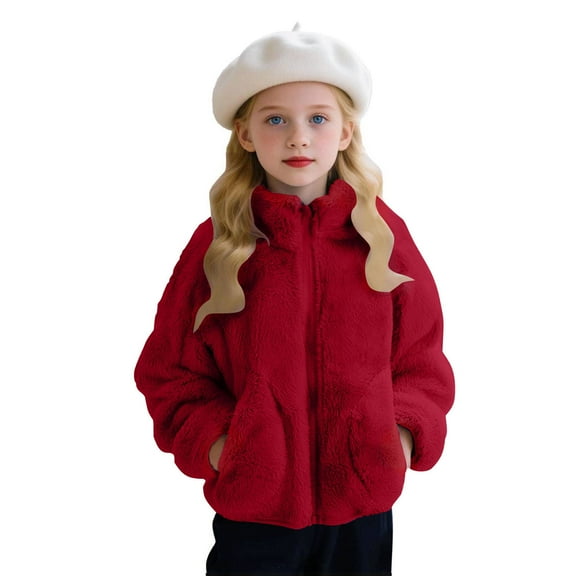 NAISIBABY Girls Fleece Jacket with Pockets(1-11T), Long Sleeve Warm Stand Collar Full Zipper Winter Fuzzy Outerwear Red 6T