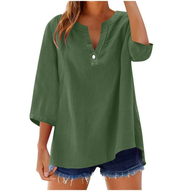 Vestidos Casuales Para Mujer, Blusas De Mujer De Moda Blusa informal de moda para mujer, con cuello en V, manga 3/4 y botones decorativos