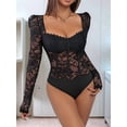 thumbnail image 3 of Women'S Sheer Floral Lace Long Sleeve Bodysuit Top Sweetheart Neck Bodysuit Black L, 3 of 8