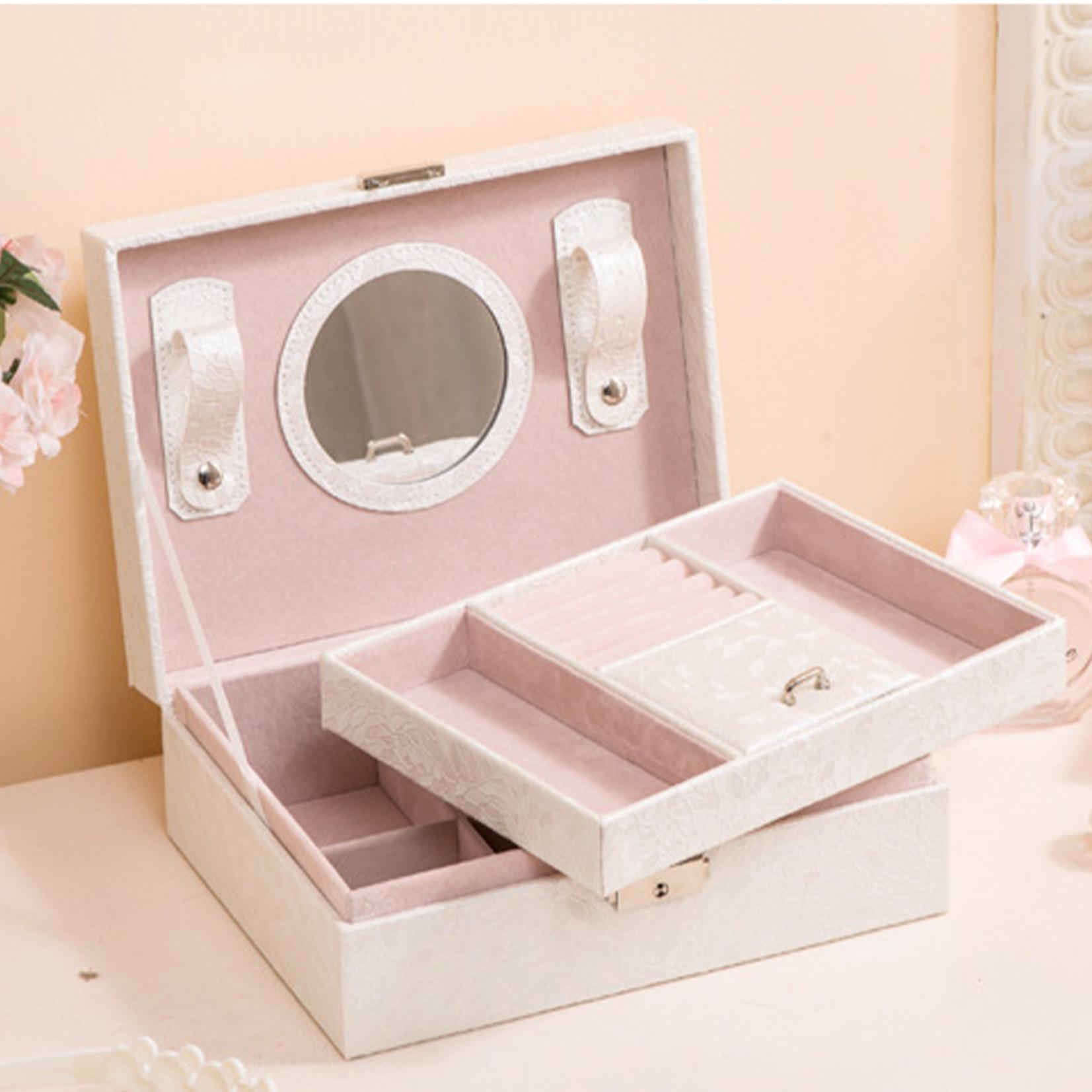 Jewelry Box With Lock And Mirror Jewelry Organizer Storage Case With 2-Layers Display For Earrings Bracelets Rings Watches