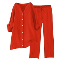 Baqcunre 2 Piece Sets for Women, Womens Daily Casual Solid Long Sleeve Shirt Tops Pockets Pants Shirt Trousers Set Red 3XL