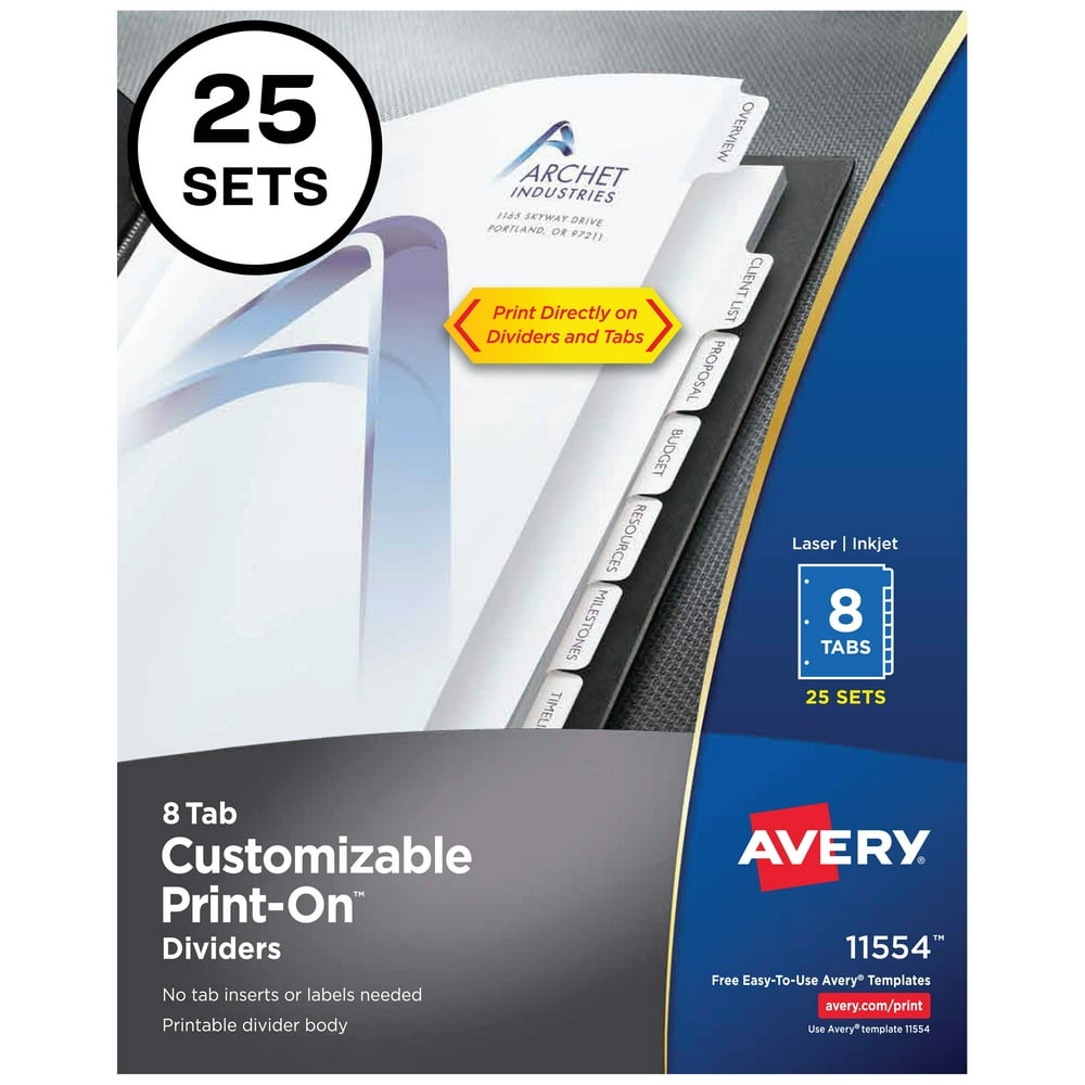 Avery Customizable PrintOn Dividers, 8 Tabs, White, 25 Sets (11554