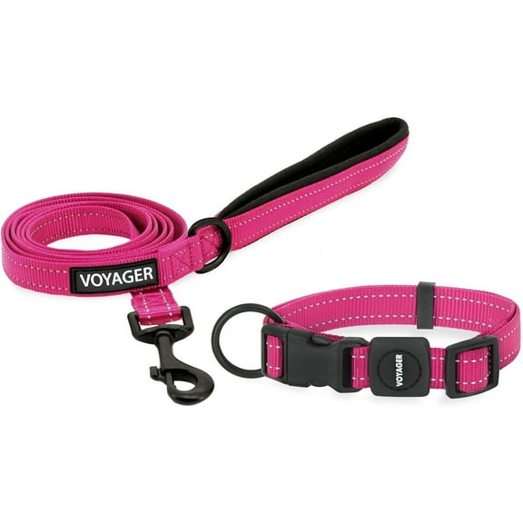 Voyager Reflective Leash Collar Set with Neoprene Handle, 5ft Long, Supports Small, Medium, and Large Breed Puppies, Cute and Heavy Duty for Walking, Running, and Training - Fuchsia, M