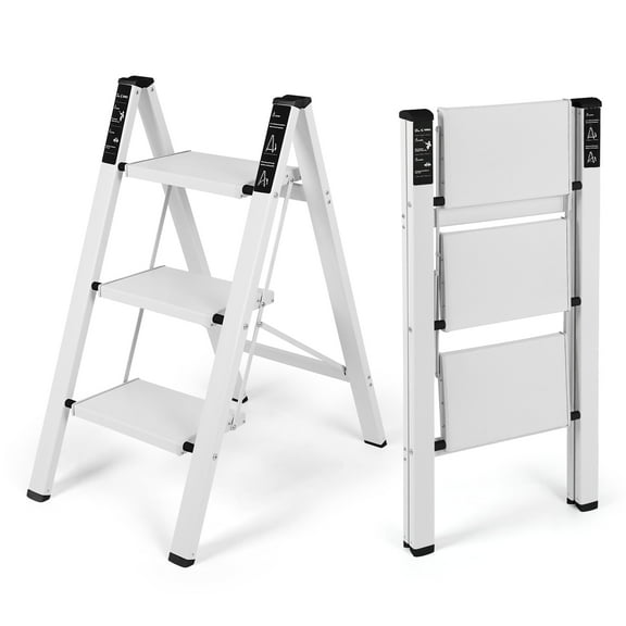 Aluminum 3 Step Ladder, Folding Step Stool with Non-Slip and Sturdy Wide Tread, Portable Step Stool for Household and Kitchen, Foldable Step Stool, White, 330Lbs Ladders for Home