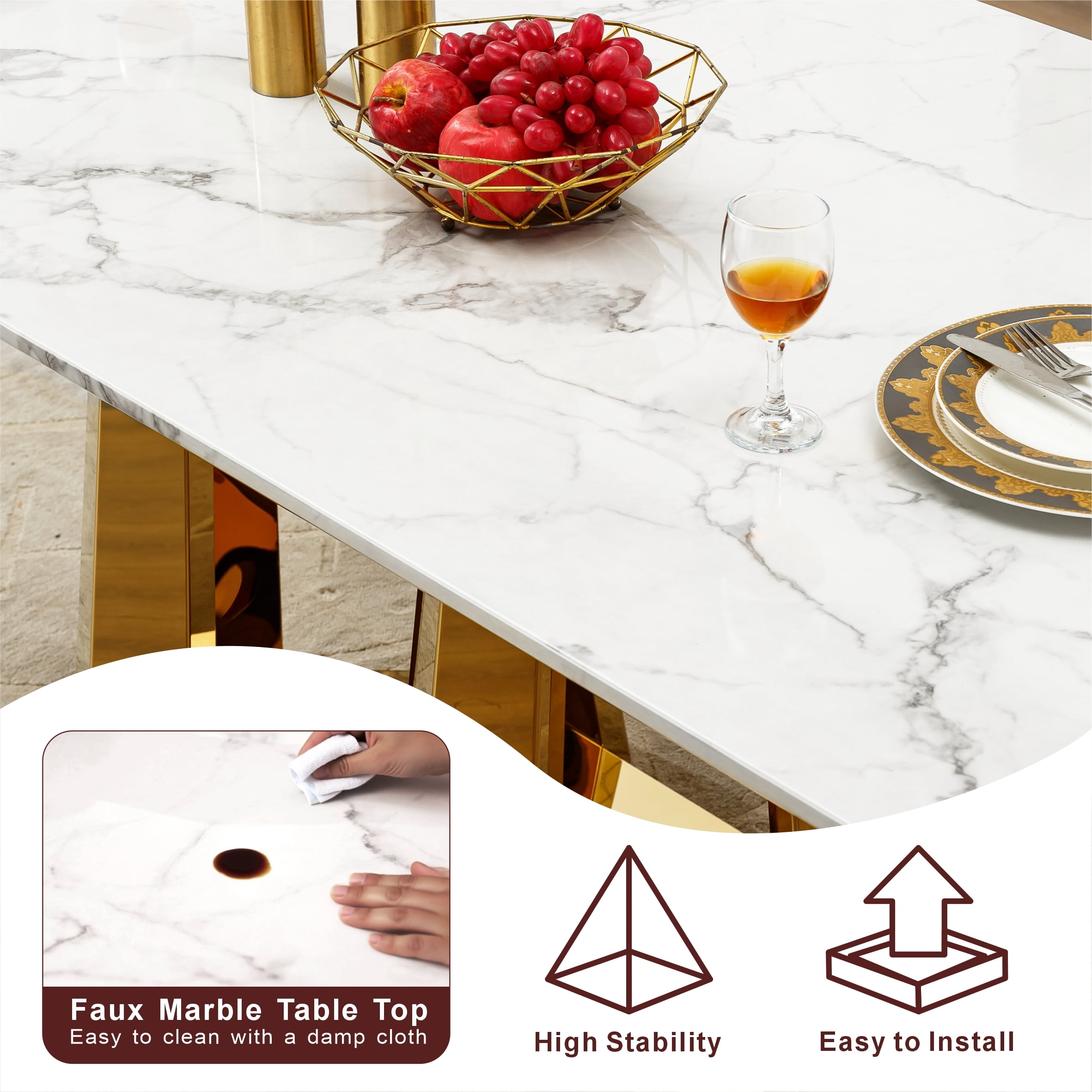 Shikeyi 70" Marble Dining Table for 6-8, Modern Luxury Gold Rectangular Large Kitchen Table, Marble Grain MDF Tabletop & Stainless Steel Base for Kitchen Dining Room, White (Table Only)