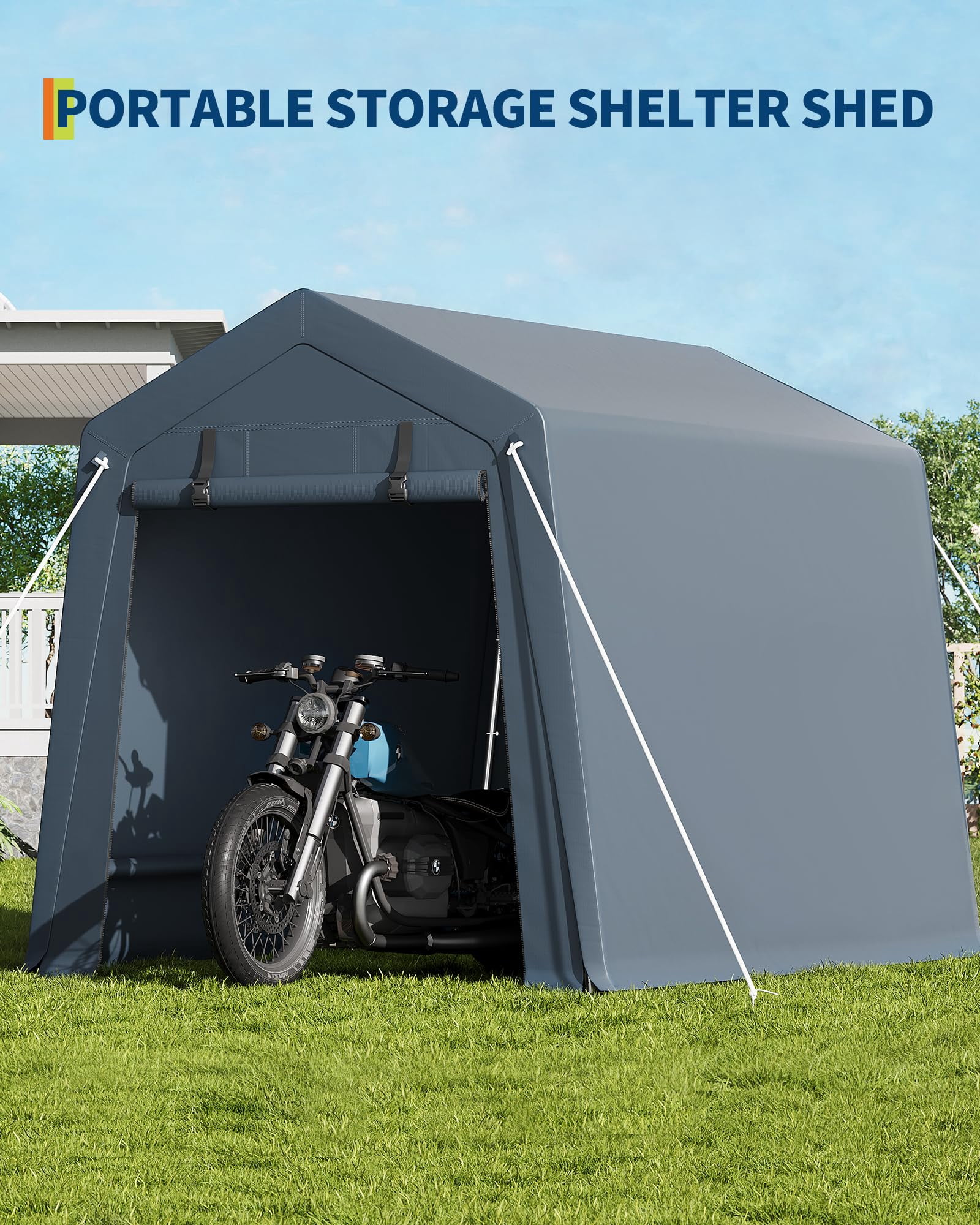 Heavy-Duty Carport Garage for Outdoor Storage, 6x8 FT Waterproof UV-Resistant Portable Shelter with Roll-Up Zipper Doors, Gray/Khaki